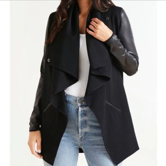 SPANX Ponte Drape Front Jacket Size 3X Faux Leather Sleeves Black Stretch NEW - Picture 1 of 13
